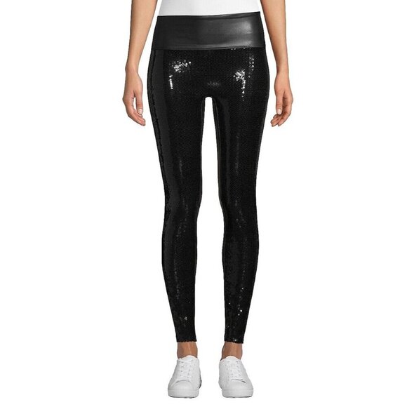 Spanx Women's Large Black Faux Leather Sequin Leggings High Waisted 20189R - Picture 1 of 9